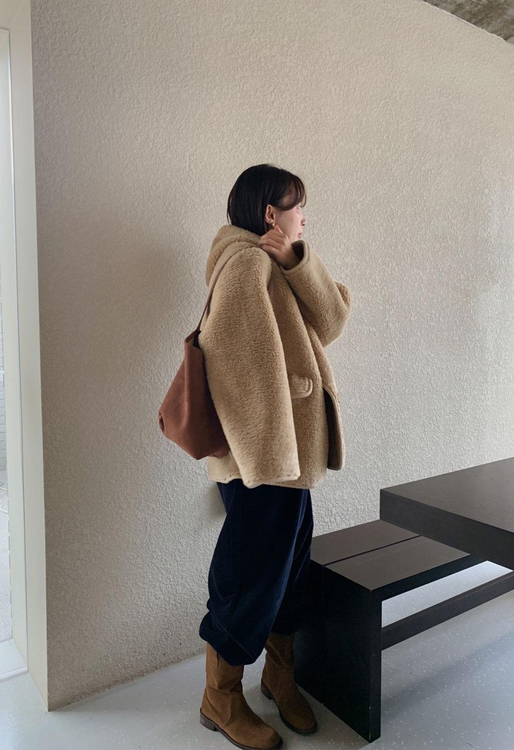 헤티 양털 후드 코트 - 베이지