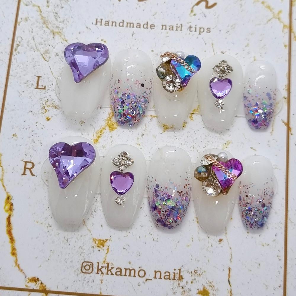 퍼플하트 스톤 수제네일팁
