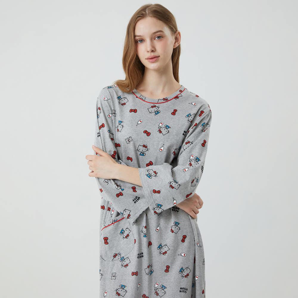 헬로키티 원피스잠옷 그레이 다이마루 긴팔 여성파자마 순면 산리오 밀크키티 홈드레스