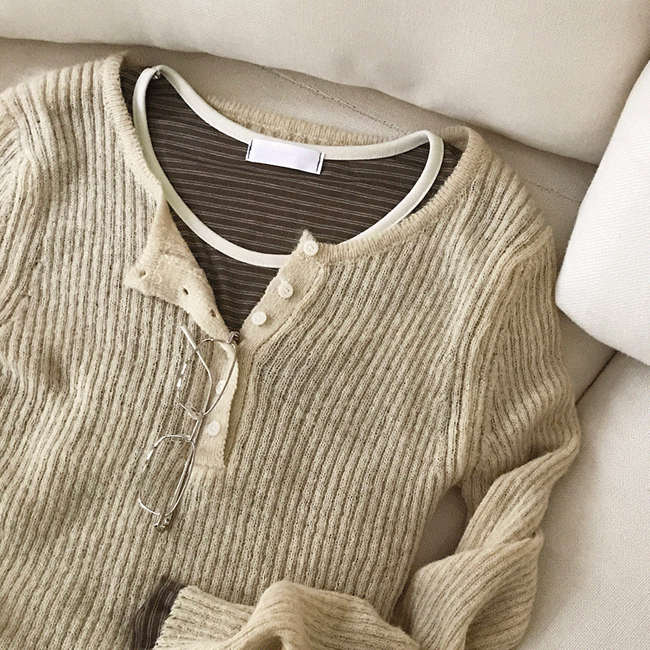 [여리슬림💞/레이어드] 팬던트헨리넥버튼골지니트티 (6color)