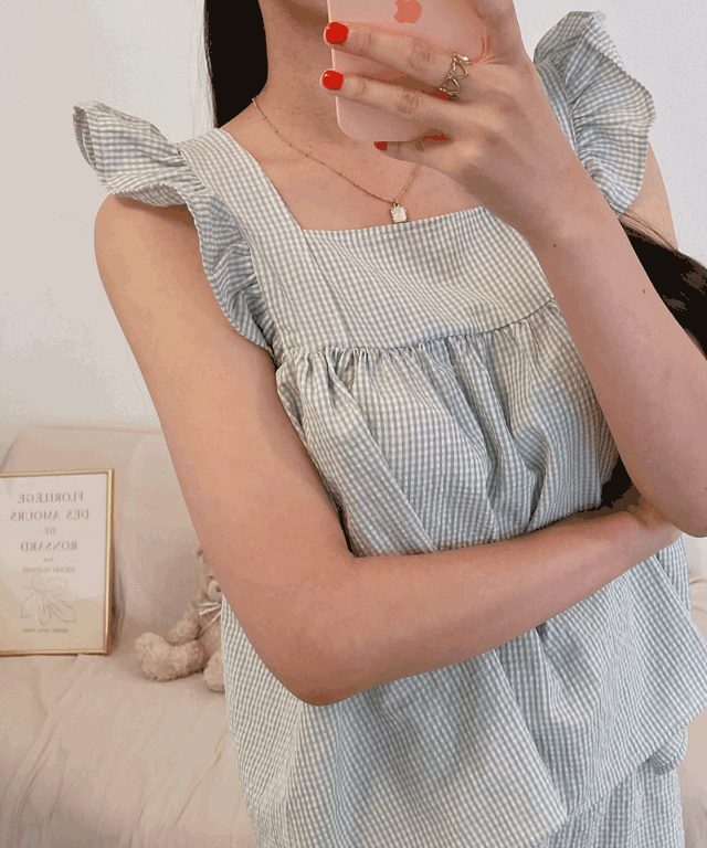 [당일발송] 민소매 와플 프릴 3컬러 파자마 잠옷 세트