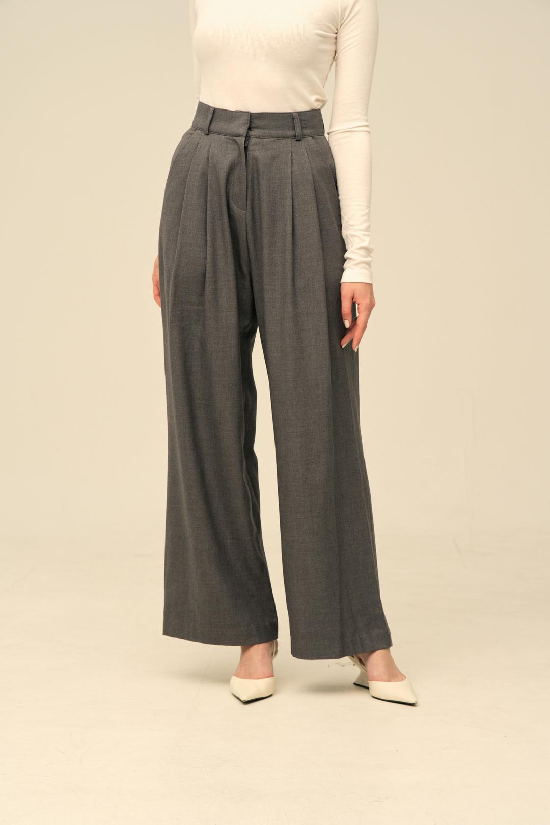 PINTUCK WIDE SLACKS GREY