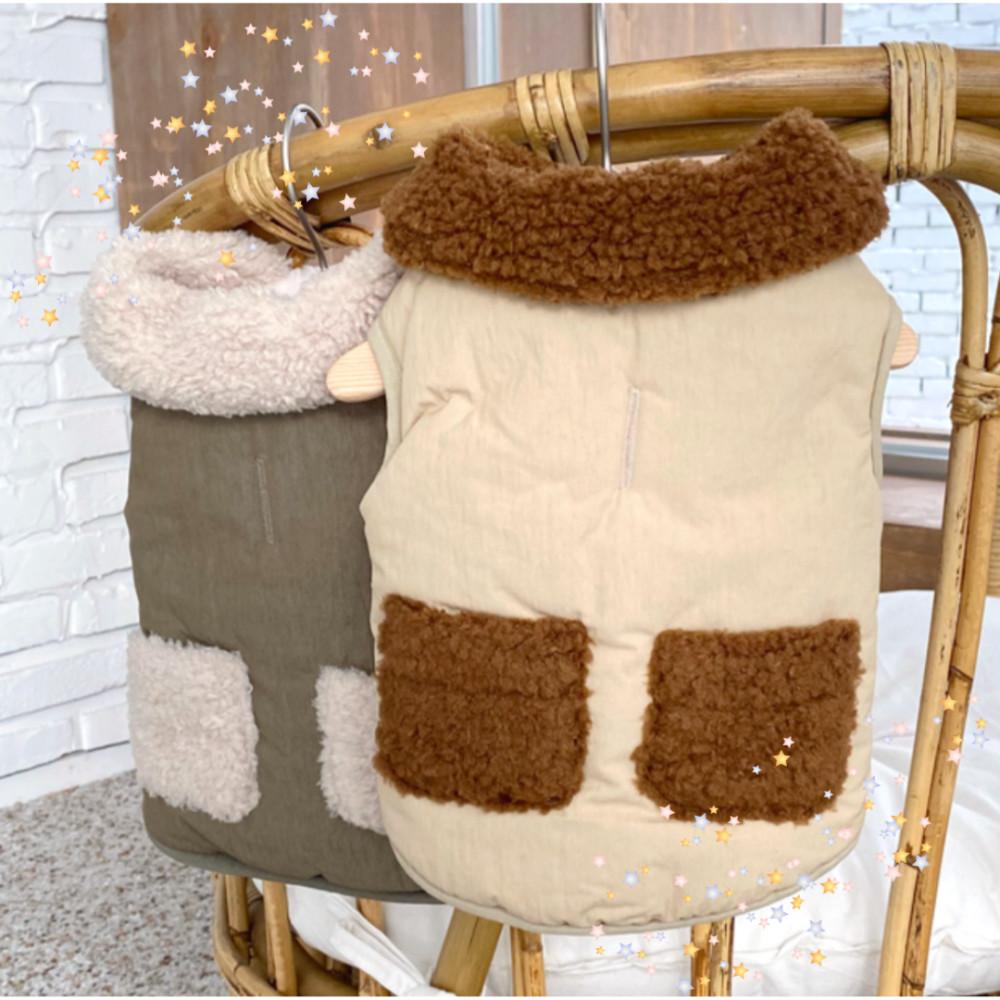 강아지 양털 카라 패딩 아우터 조끼 애견의류 군밤 방한 2컬러