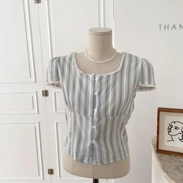 [땡큐]티처 세로줄 스트라이프 레이스 슬림 캡소매 블라우스(2color)J-290