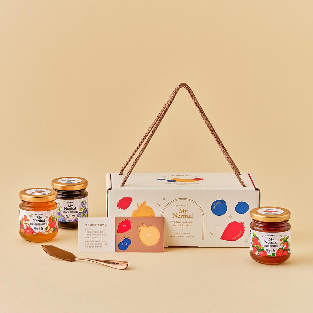 마이노멀 저당 저칼로리 잼 3종 선물세트 (딸기잼 + 블루베리잼 + 애플시나몬잼 + 잼/버터 나이프), 480g, 1개