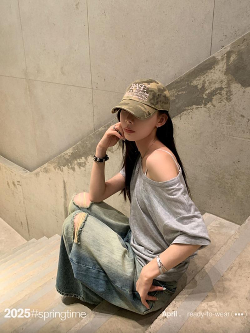 Ventilated Off-Shoulder Loose TEE (3Color)