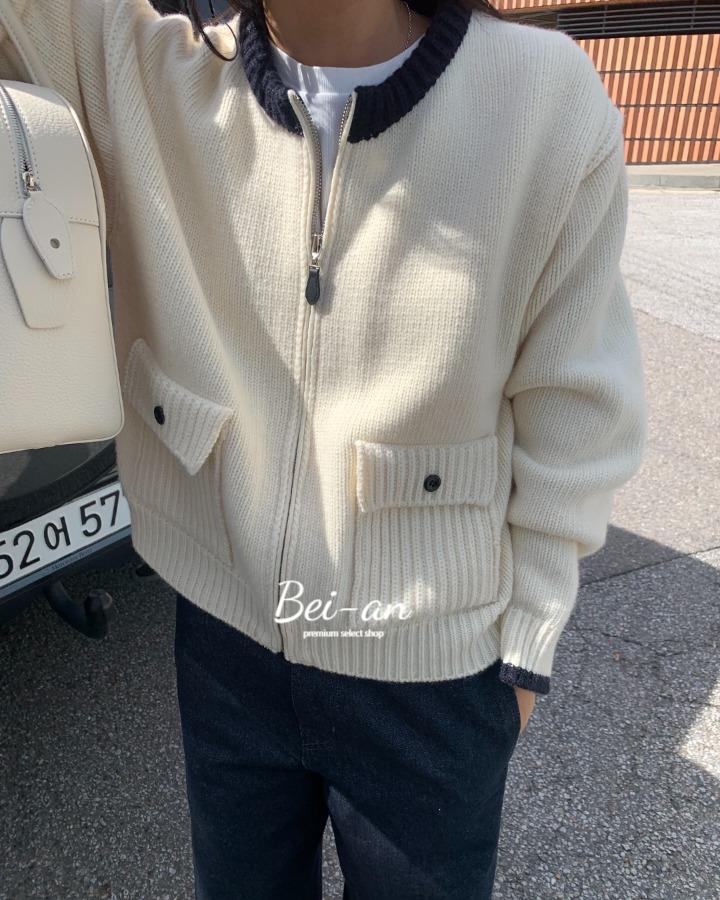 바이안 BR 브런치 로지 배색 집업 니트 라운드 긴팔 포켓 캐시미어 가디건 (2 color)