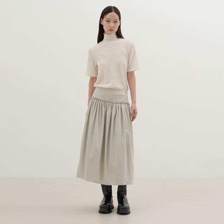 Shirring Flare Midi Skirt (Light Grey)