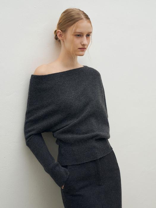 Baby Alpaca One-Off Shoulder Knit Top[LMBEWIKN301]-Charcoal
