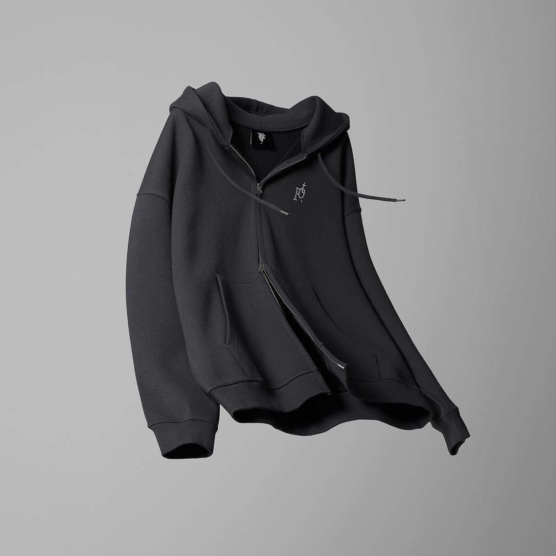 [자체제작] 토프 좌우반전 로고 자수 코튼 이중지 후드집업 [차콜]