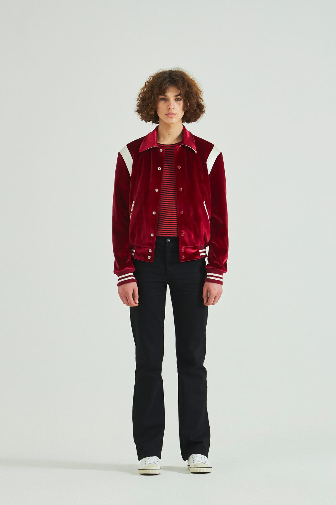 VELVET VARSITY JACKET RED