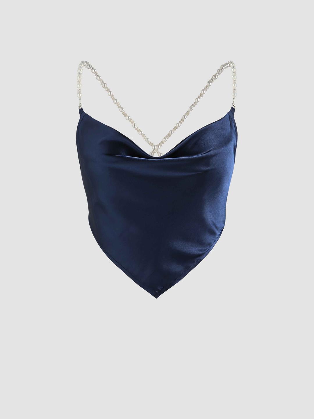 Solid Satin Pearls Cowl Neck Tank Top