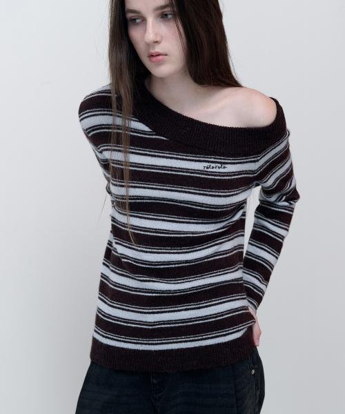 UNBALANCED OFF SHOULDER STRIPE KNIT BR+BL