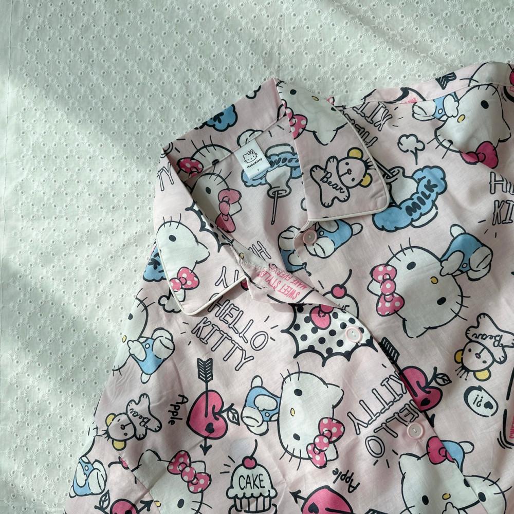 [당일출고] 헬로키티 잠옷 반팔 투피스 세트 캐릭터 홈웨어 순면 국산제작