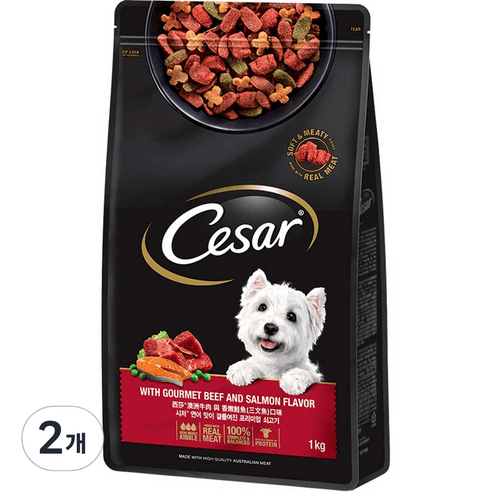 시저 애견용 연어맛이 곁들여진 최상급 쇠고기 어덜트 사료, 소, 1kg, 2개