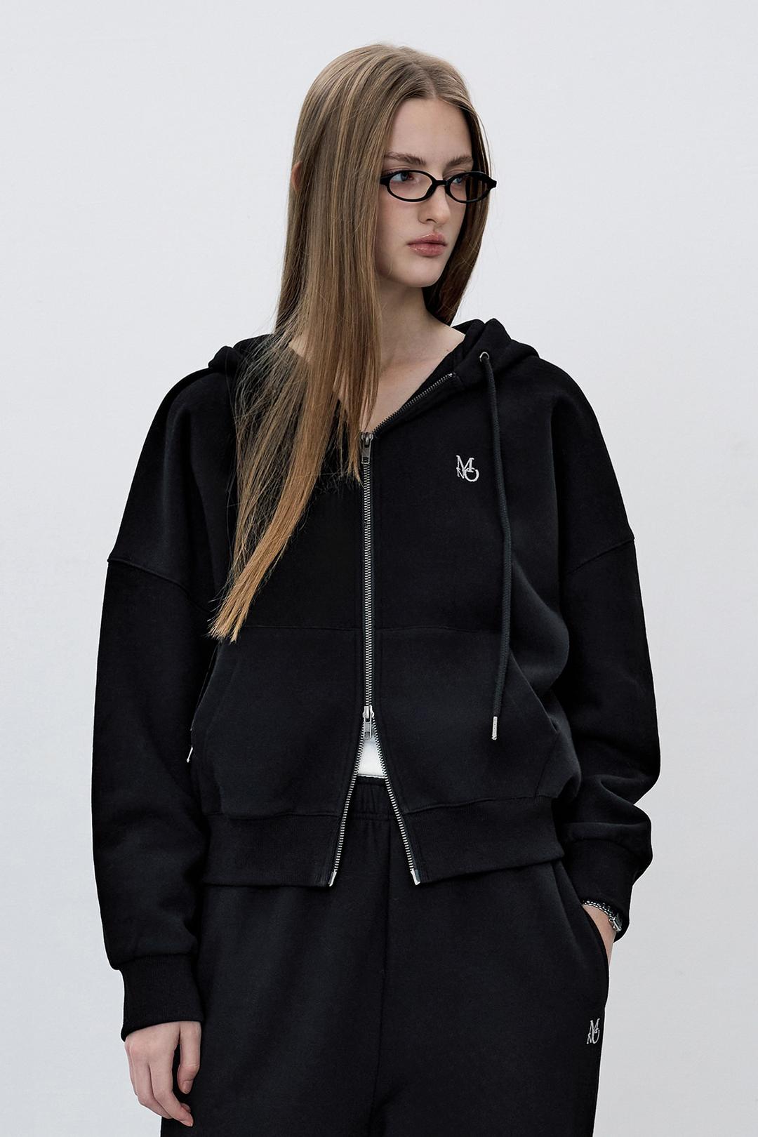 기모 웜 후드 집업 - 블랙