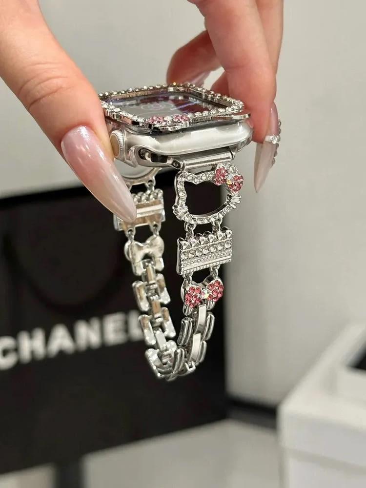 헬로키티 큐빅 메탈 애플워치 스트랩 팔찌타입 베젤링 풀커버 케이스