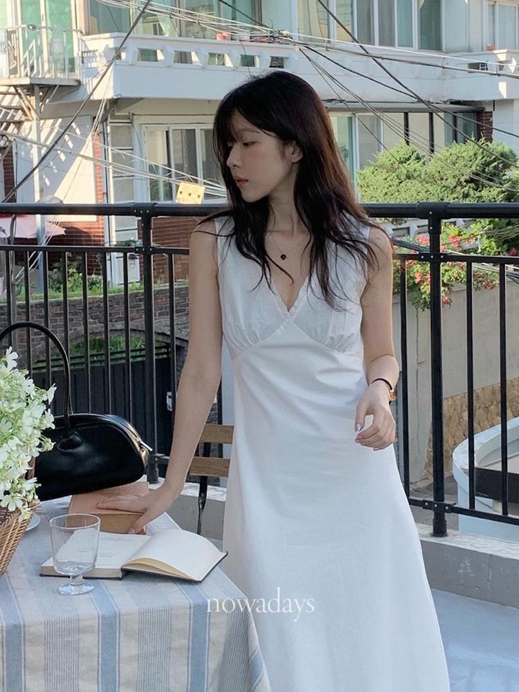 베르가못 리프 원피스 썸머 린넨 브이넥 슬리브리스 프릴 A라인 롱 드레스