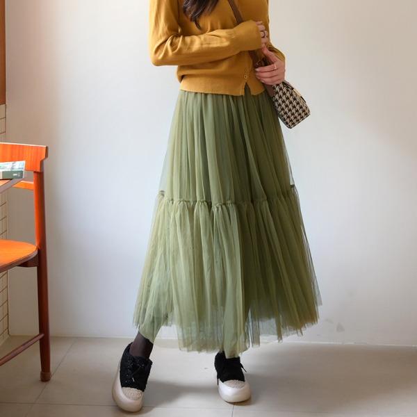 데일리앤 [8천장돌파!][자체제작♡13컬러] 데이지 플레어 러블리 셔링 이중 망사 밴딩 쉬폰 롱 샤스커트