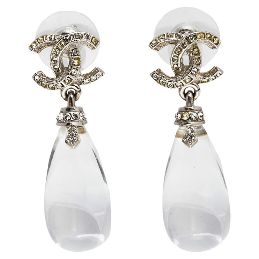 Chanel CC Crystal Silver Tone Drop Earrings