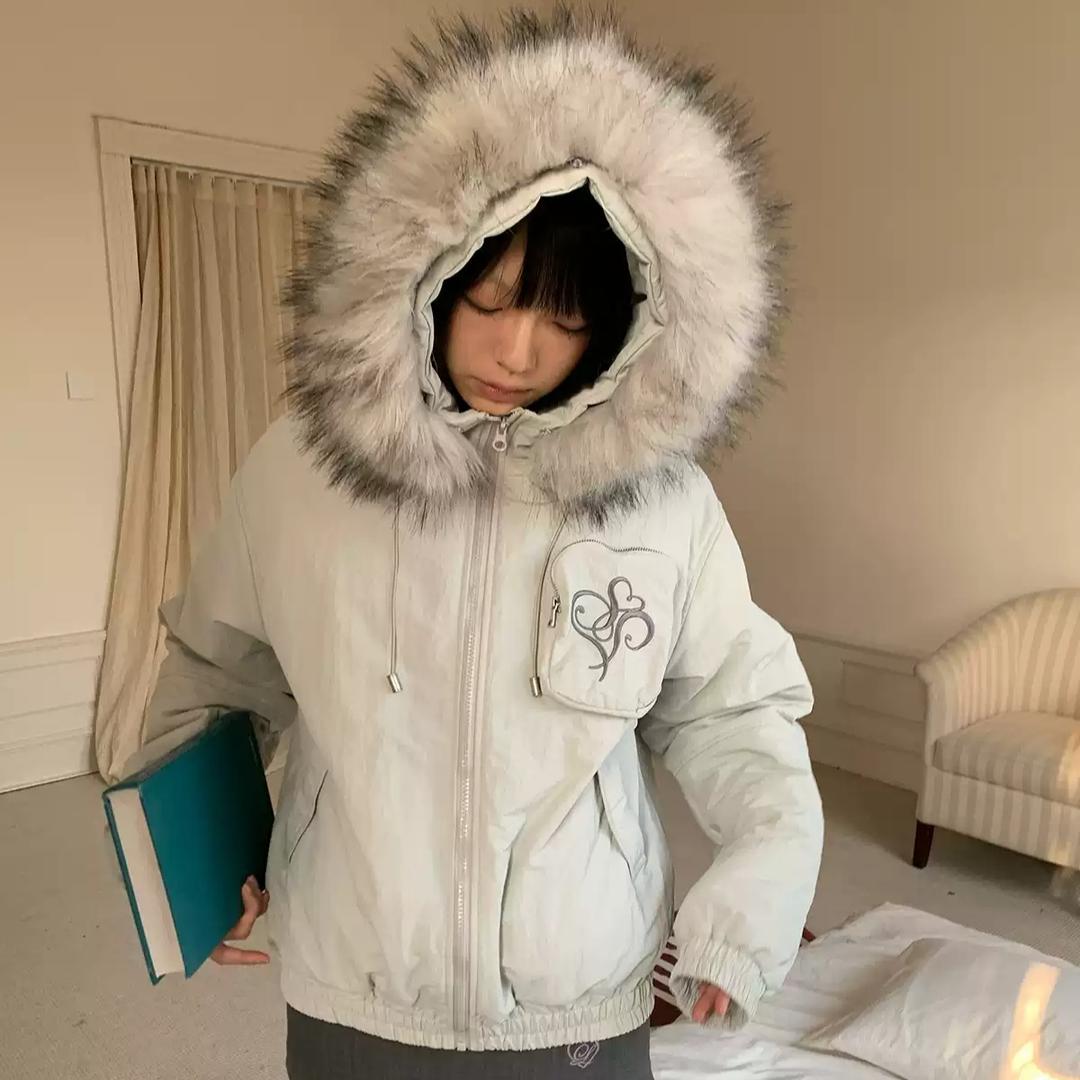 Les Fortes 패딩 퍼카라 로고 자수 오버핏 기모 집업 점퍼