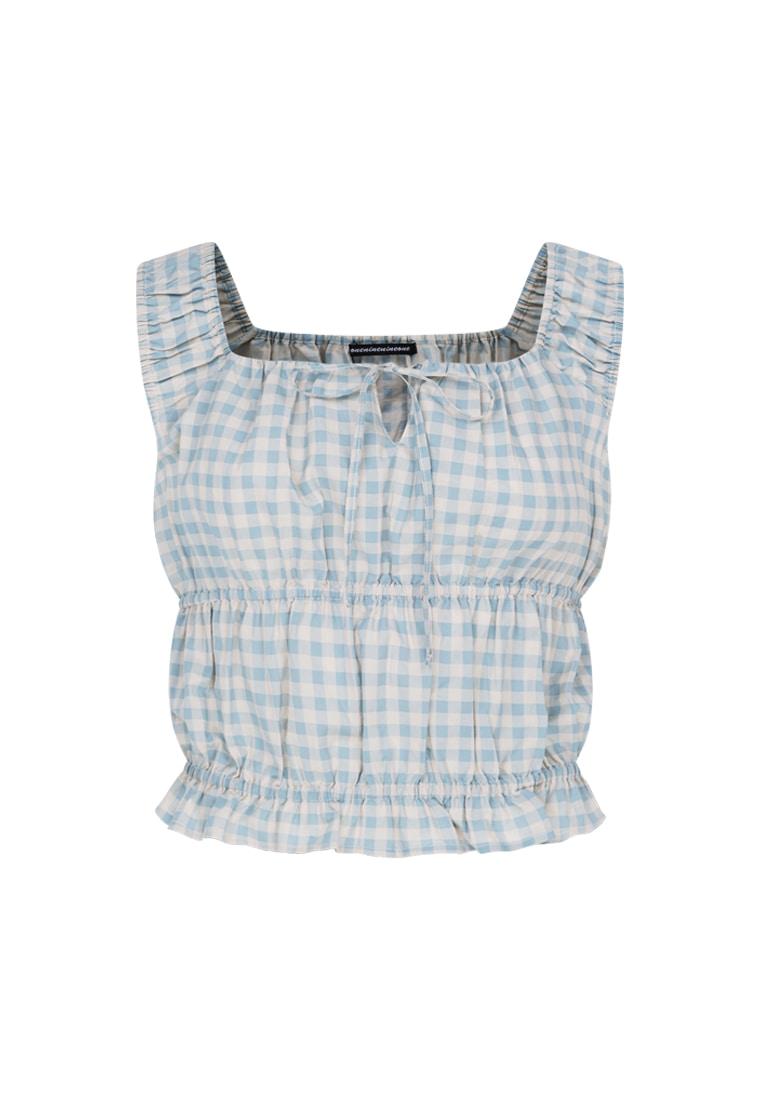 CHECK SHIRRING TOP_BLUE GREY
