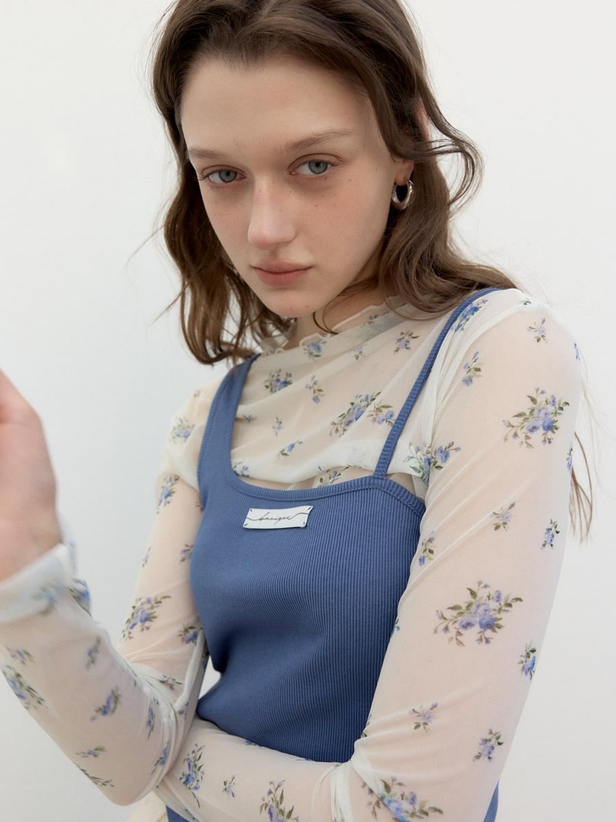 Blue Flower Frill See-through Layered Top (BLUE)
