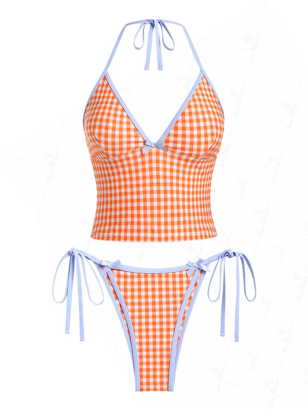 Seamolly Contrast Binding Gingham Bowknot Decor Tie Side Tankini Set