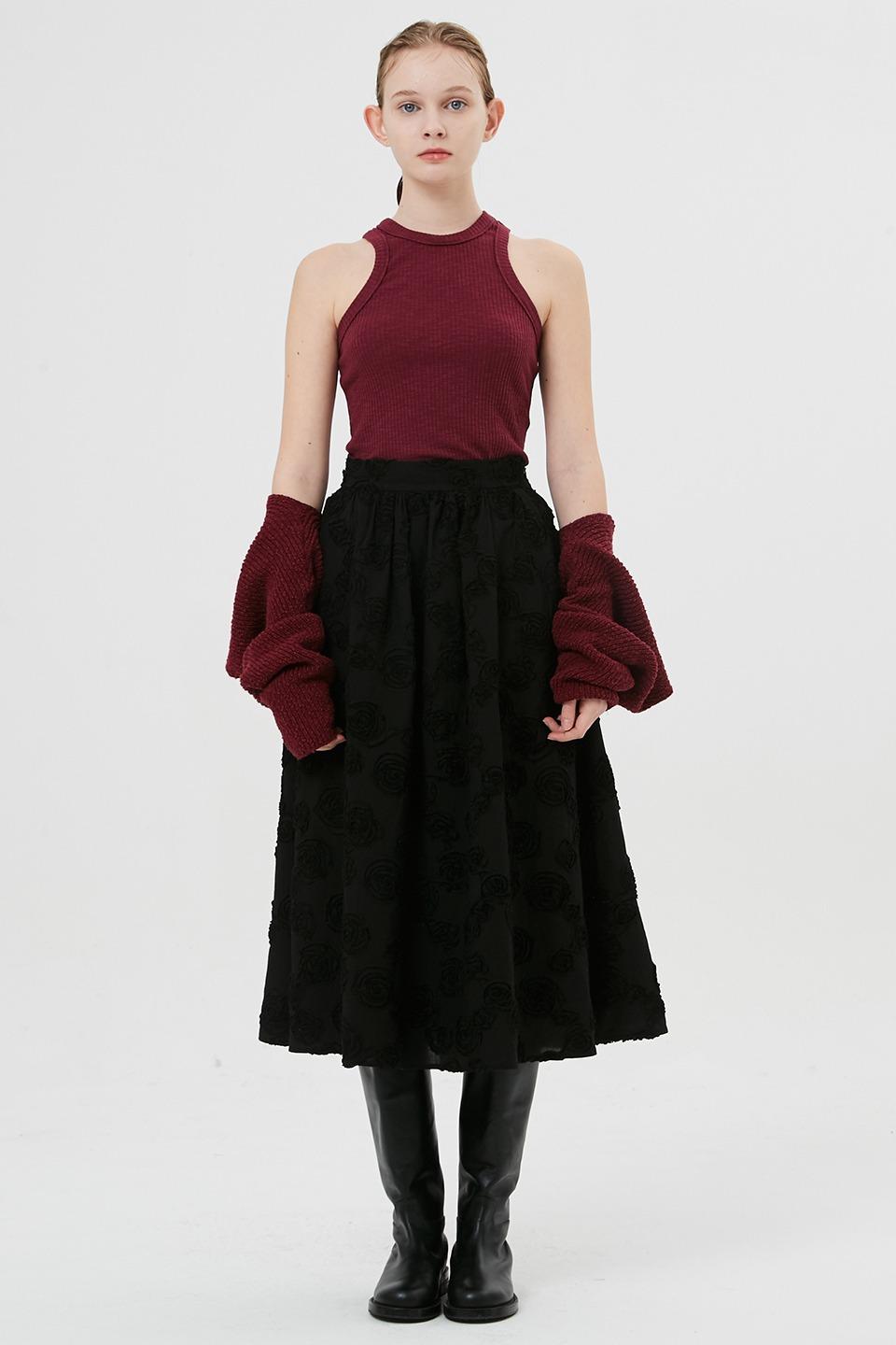 Flower Embroidery Full Skirt / Black