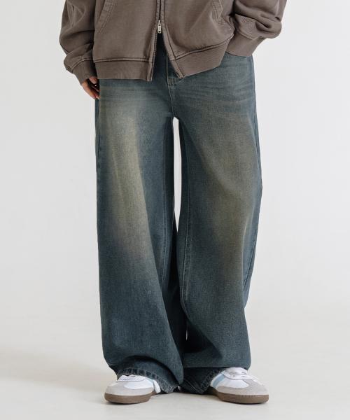 빈티지 캣워싱 와이드 데님 팬츠 [샌드 블루]