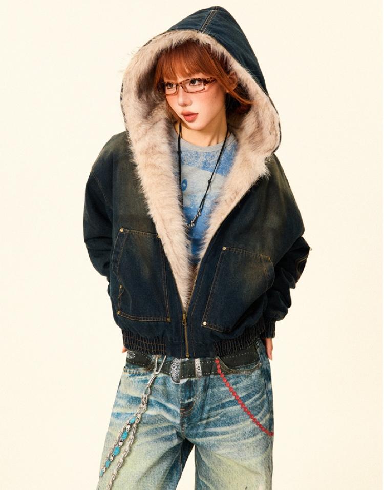 YOUNG STAGE Washed Denim Fur Jacket