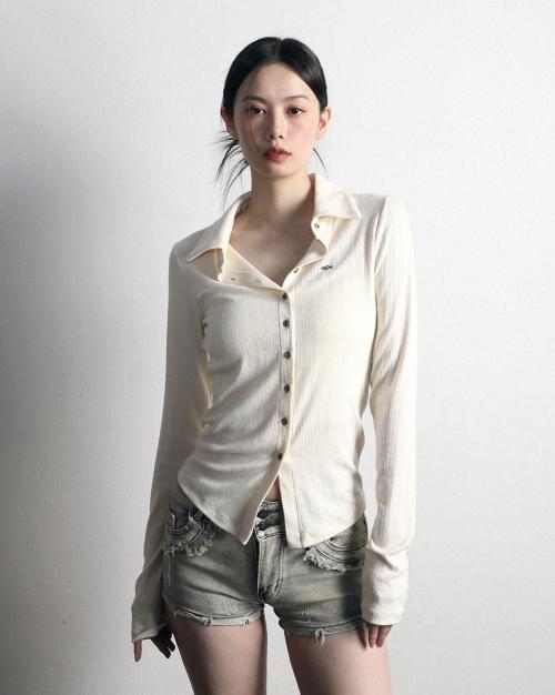 메탈 트라이클립스 오픈 폴로 롱슬리브 크림