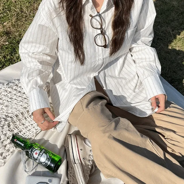 [긴팔/반팔ver🖤/누적5천장🔥] 쿨 스트라이프 롤업 오버핏 긴팔 셔츠