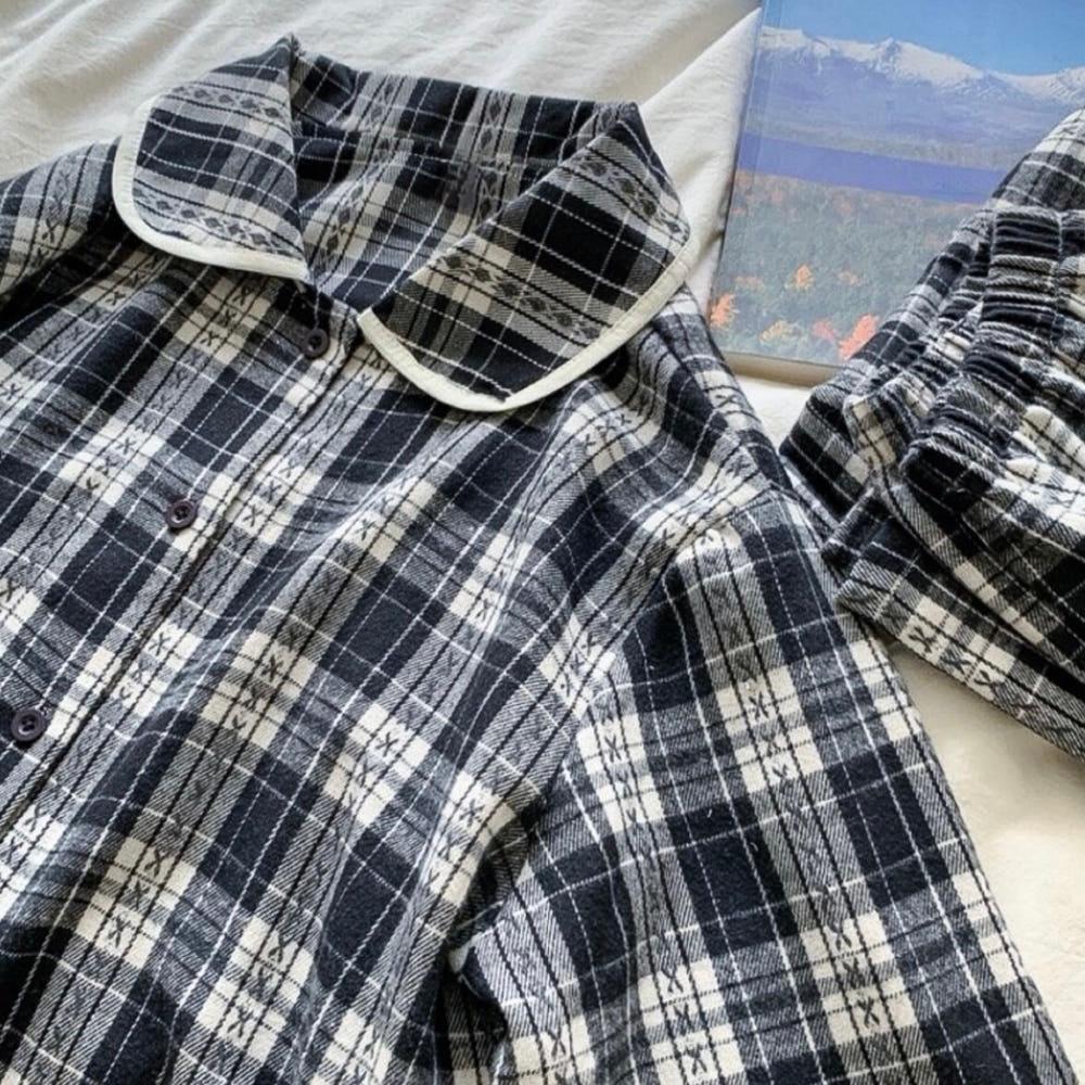 [면 100%] 커플 파자마 세트 블랙 체크 잠옷 여성 홈웨어 (2size)