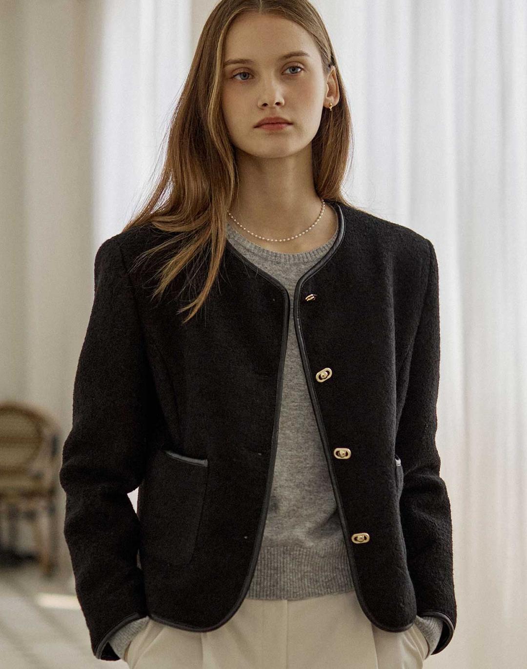 [교환&반품 불가] Leather Line Point Tweed Jacket - Black