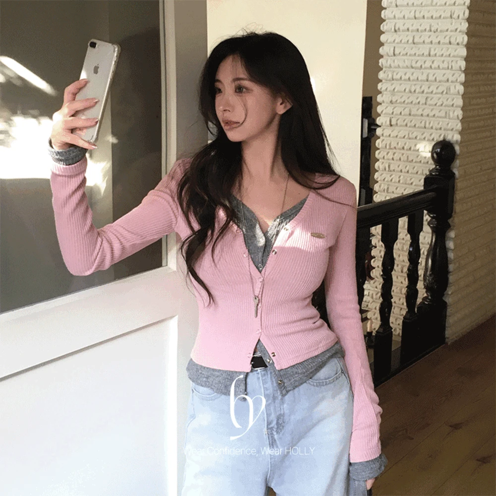 봄신상🌱(2size)[일체형!] made 하츠 레이어드 골지 스냅 가디건 - 4color