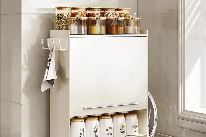 주방수납함 양념통선반 철제 슬라이드 수납함 그릇정리대 2단 화이트 플랩도어 모네