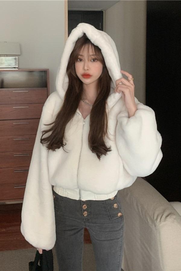 인조 밍크 모피 숏 후드 집업