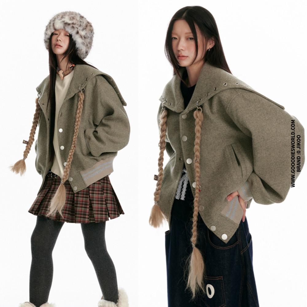 JIKOO 자켓 빅카라 후드 플라워 모직 자켓 숏코트