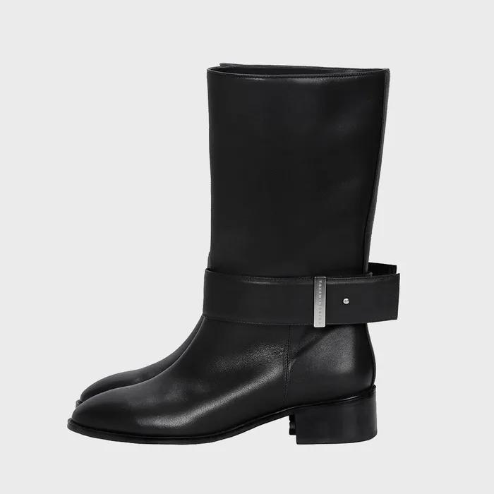 Cowhide Belted Middle Boots [ Black ]