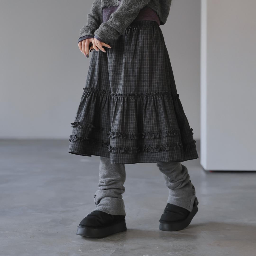 온더링 체크 프릴 미디스커트