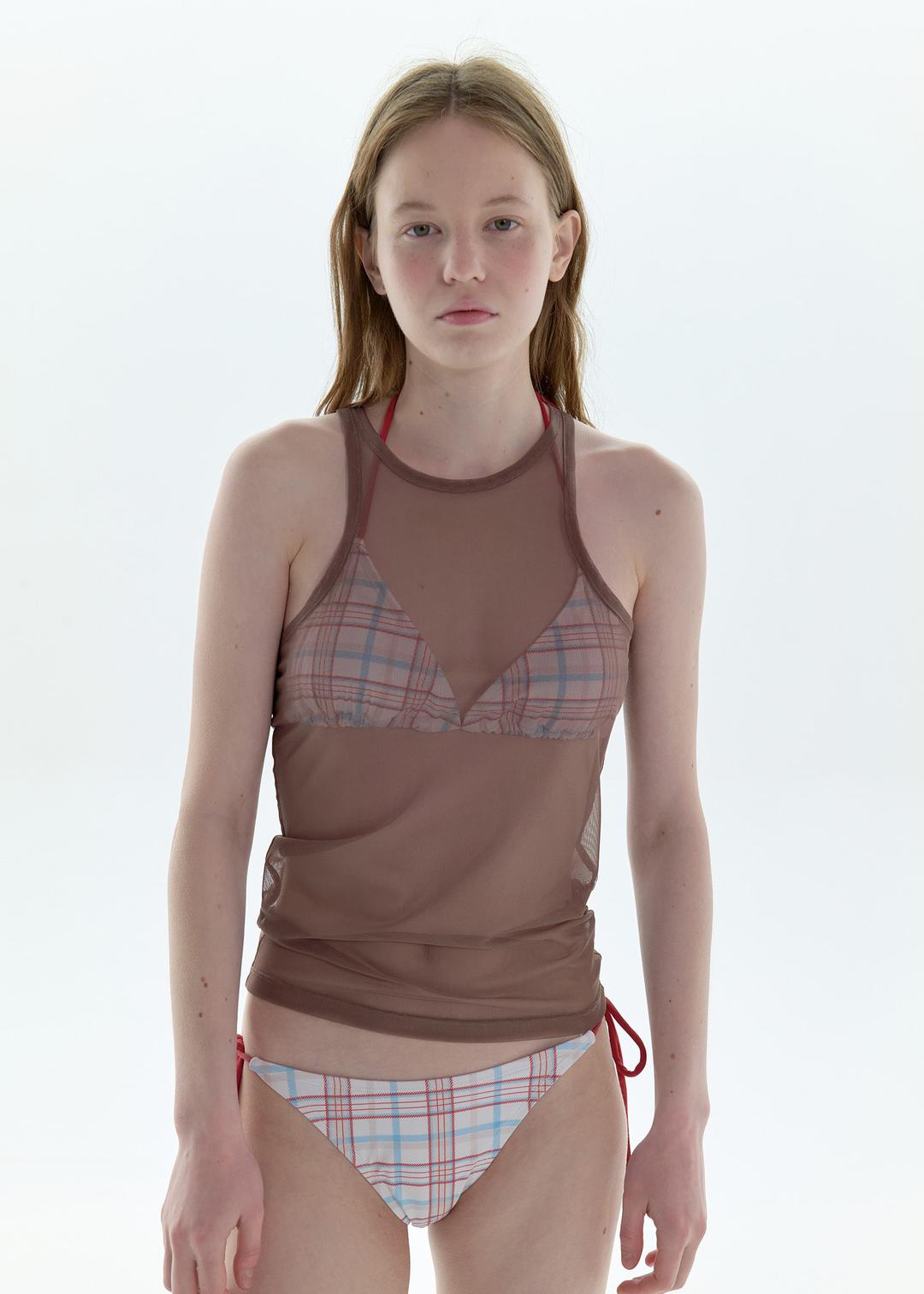 Solid Mesh Sleeveless Top_Brown