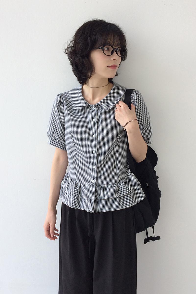 미리내로 (출근룩/허리라인) 웨잇 프릴 체크 반팔 블라우스