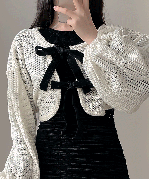 베딩 벨벳리본 니트 크롭가디건 3color