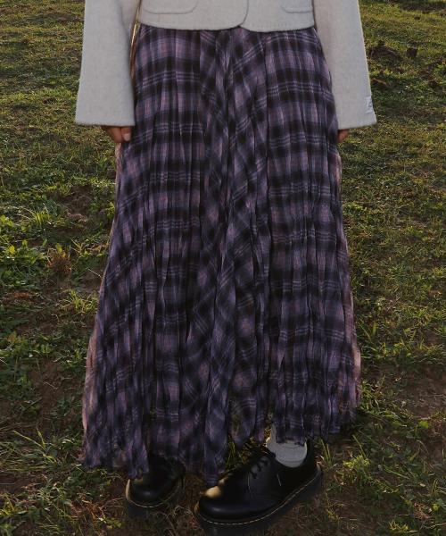 로맨틱 체크 크링클 롱스커트 (Purple)