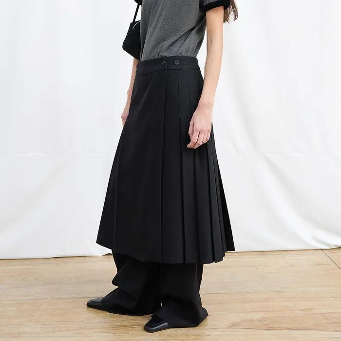 Wool Pleated Wrap Skirt - Black