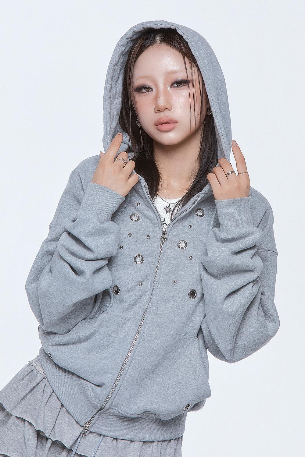 (DUC) Eyelet Stud Hoodie Zip-up Gray