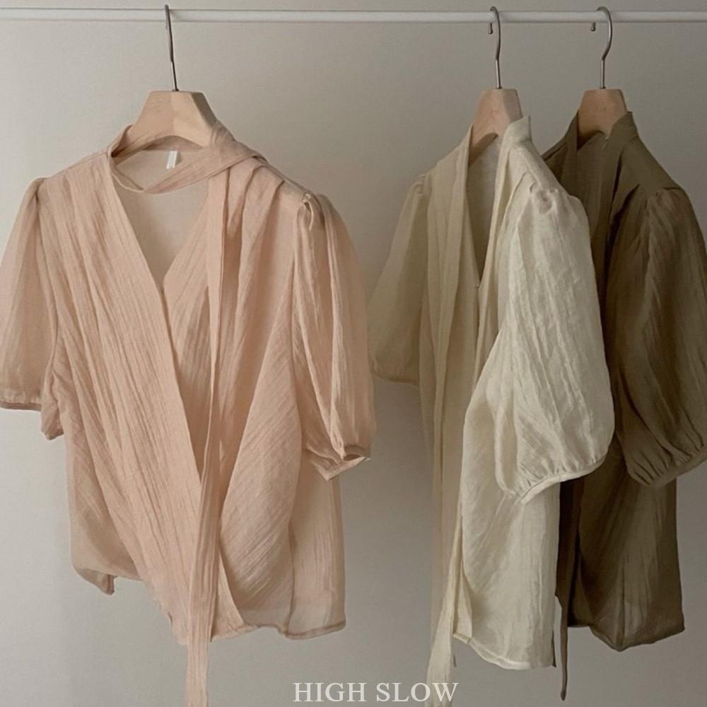 보니 타이 블라우스 /하객룩 여름요루 반팔 랩 블라우스