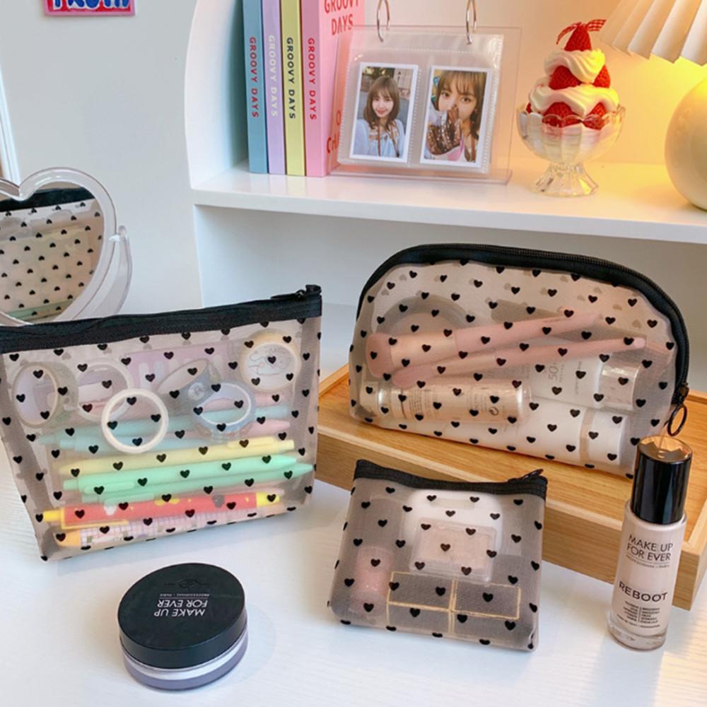 [3p세트] 아이데이지 하트 메쉬 파우치 세트 화장품 메이크업 여행용 미니 약파우치