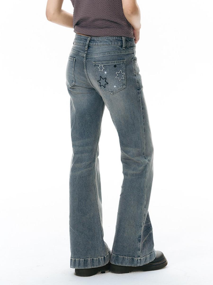 TAKEANAP Star Embroidered Pocket Flare Jeans